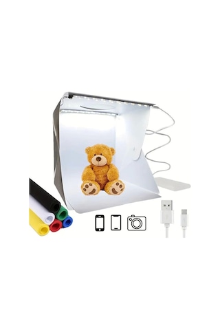 Katlanır Işıklı Fotoğraf Stüdyosu 40x40 Cm 6 Renk Fonlu Ürün Çekimi İçin Uygun Fotoğraf Çekim Kutusu Çok Renkli