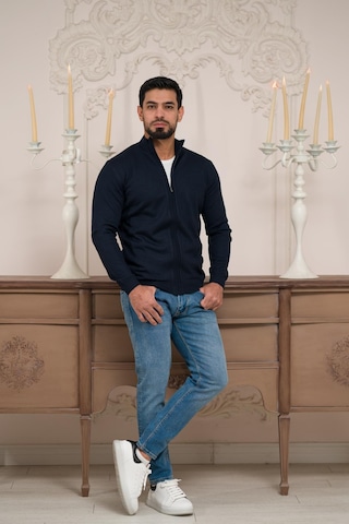 Woolen World Regular Fit Dik Yaka İnce Baharlık Triko Hırka Lacivert