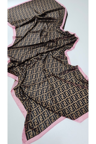 Miorel Scarfs F Desen İthal Vual İpek Şal Aksesuar Fular Silk Scarfs Shawl Hijab Kahve - Pembe Kenar