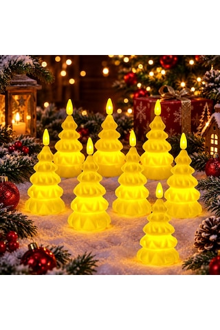 Vıp 9 Adet Yılbaşı Ağacı Şeklinde Mum Led Işıklı Mum Yılbaşı Mumu Çam Ağacı Mumu Işıklı Noel Mumu