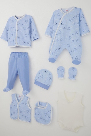Breeze Erkek Bebek Hastane Çıkışı 8 Li Sevimli Ayıcık Figürlü Yıldız Desenli 0-3 Ay, Mavi Mavi