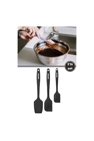 Silicolife 3 Lü Spatula Seti, Isıya Dayanıklı Yanmaz Yapışmaz Silikon Küçük Spatula Büyük Spatula Kaşık Spatula Siyah