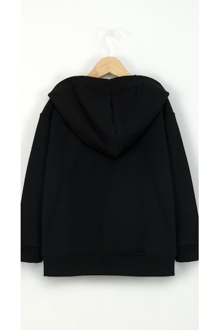 Çocuk 3 İplik Şardonsuz Kapüşonlu Fermuarlı Sweatshirt Günlük Rahat Hırka-4013 Siyah