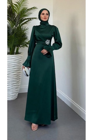Yandan Taşlı Abiye Zümrüt Yeşil