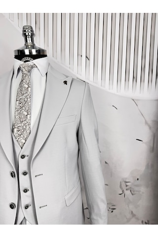 Dupont Classics Dupont Erkek Slim Fit 6 Drop Zara Kumaş Likra Çift Düğme Çift Yırtmaç Yelekli Takım Elbise Açık Gri