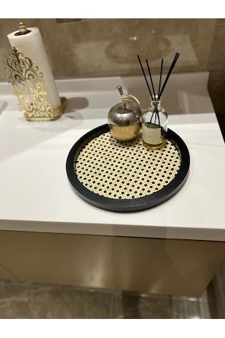 Rattan Hazeran Yuvarlak Tepsi Siyah %100 Doğal Hazeran M021