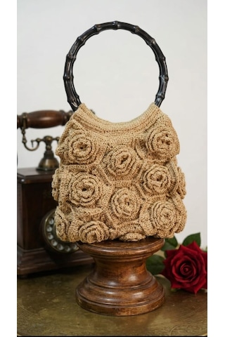 Vintage Rose El Yapımı Tasarım Çanta - Ahşap Saplı Örgü El Çantası Sarı