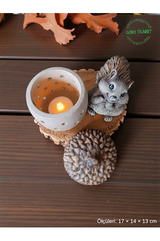 Rustik Sincap Figürlü Meşe Palamudu Mumluk Tealight Led Mum Hediyeli 17 14 13 Cm 17 14 13 Cm