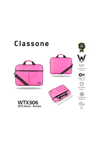 Classone Wtx306 Wtxpro Serisi 15.6 İnch Su Geçirmez Kumaş Apple Uyumlu MacBook , Laptop , Notebook El Çantası- Pembe