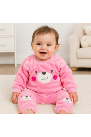 Cute Bear Suratlı Omuzdan Çıtçıtlı Welsoft İçi Astarlı 2 Parça Takım Pembe
