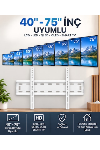 Beyaz Tv Duvar Askı Aparatı 40 75 İnç Led Lcd Qled Smart Tv Uyumlu Sabit Duvar Montaj Aparatı