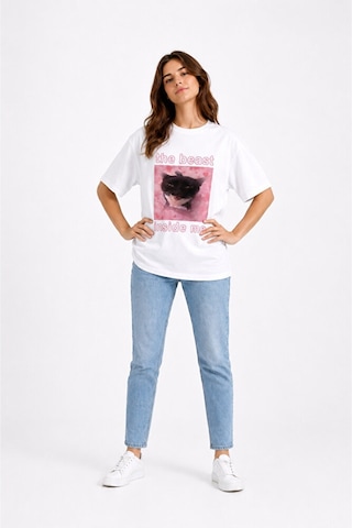 Nevermind The Beast Inside Me Baskılı Unisex Oversize Tişört Siyah Kedi Gra Beyaz