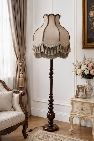 Vizon Kadife Başlık Koyu Ceviz Ahşap Ayaklı Lambader Vintage Model 170x50cm