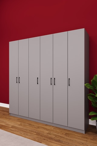 Asra Trend 6 Kapaklı Gardırop G-06 %100 MDF Çift Katlı Askılı Elbise Dolabı Kül Gri