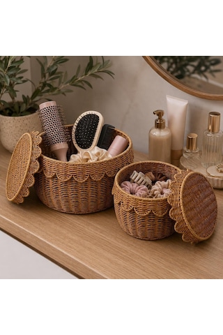 Tr 2'li Rattan Sepet Organizer Kapaklı Hasır Saklama Sepeti Seti Dekoratif Çok Amaçlı Düzenleyici Sepet Büyük Ve Diğer