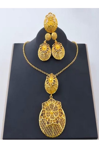 24k Altın Kaplama Etnik Çiçek Kolye Küpe Ve Yüzük Takı Seti Altın