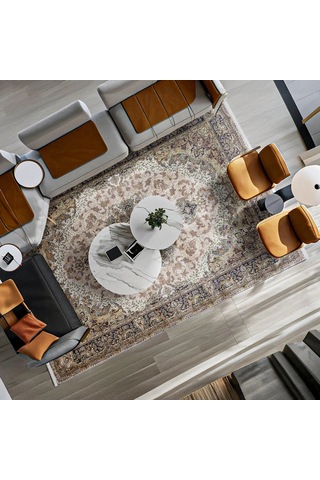 Bespoky Göbekli Madalyon Desenli Klasik Salon Halısı Krem - 5158a