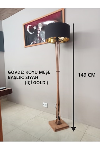 Ahşap Ayaklı Lambader Siyah Gold Renk Altın - Siyah