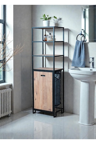 Dekoratif Kirli Sepetli Banyo Dolabı Ahşap Raflı Metal Gövdeli 4 Raflı Çamaşır Sepeti Banyo Düzenleyici Organiz Diğer