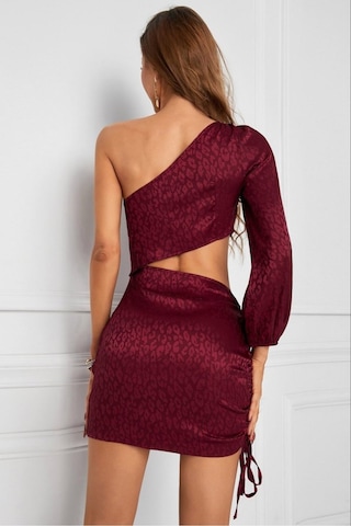Fashion Cocktail Bel Dekolteli Tek Kol Gece Elbisesi Şarap Kırmızı Bordo