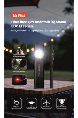 Klarus E5 Plus Ultra İnce, Manyetik, Şarjlı Led Fener Siyah