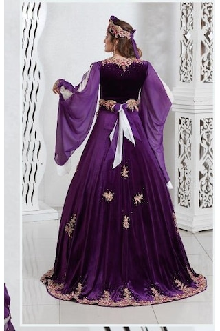 Ceyyiz Kadife Özel Dikim Bindallı Kına Elbisesi Leylak