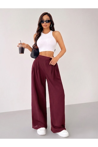 Genius Store Kadın Pantolon Scuba Krep Kumaş Beli Lastikli Cepli Pileli Geniş Paça Palazzo Pantolon Scuba-crep Bordo