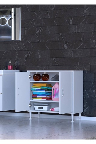 Eliusta Sabir 80 Cm 2 Raflı Beyaz Banyo Mutfak Dolabı 3 Bölmeli Çok Amaçlı Dolap 80x75x32,5 Cm Düzenleyici Beyaz