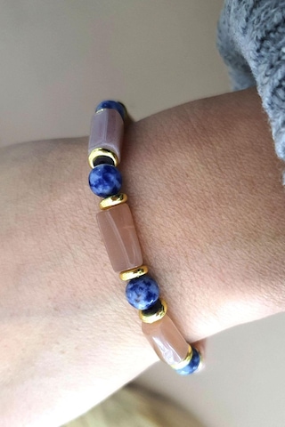 Lapis Lazuli Ve Pembe Turmalin Hematit Taşlı El İşi Tasarım Doğal Taş Bileklik Gümüş