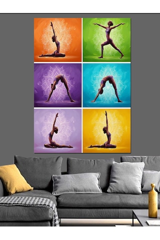 Mor Sarı Yoga Pozları Dekoratif Kanvas - Mdf Ahşap Tablo