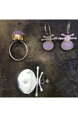 Pembe Kuvars Taşlı Gümüş Set 925 Ayar Takı