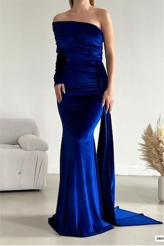 DefyModa Kadın Vintage Tek Omuz Kuyruklu Balık Kesim Abiye Elbise Lacivert