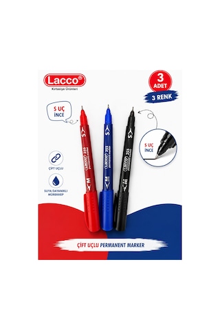 Lacco 255 Permanent Marker Kalem 3'lü Set Çift Uçlu M Ve S Uç Siyah Mavi Kırmızı Kalıcı İşaretleme Kalemi Çok Renkli