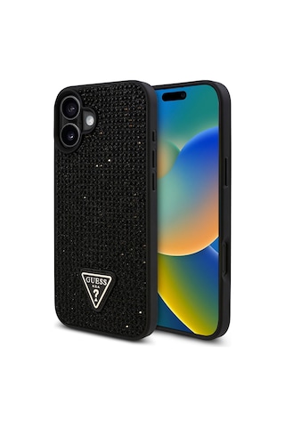 Apple Uyumlu iPhone 16 Kılıf Guess Lisanslı Üçgen Logolu Taşlı Kapak Siyah