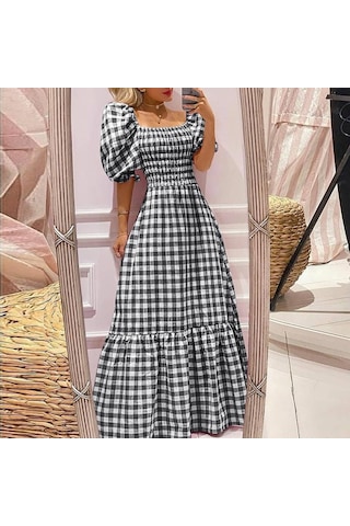 Vonda Yaz Kadın Ekose Kapalı Omuz Pilili Parti Uzun Elbise Zarif Ekose Tunik Ruffled Hem Gevşek Artı Boyutu Siyah