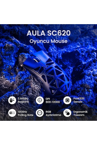 Aula Sc620 Paw3311 Sensör 12000 Dpı 1000hz Kablolu Ve Kablosuz Gaming Oyuncu Mouse Siyah Sc620