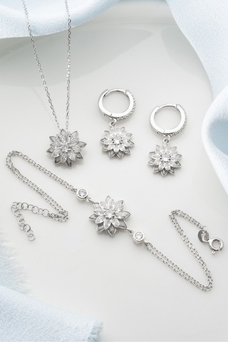 Çekirdekjewelry 925 Ayar Gümüş Lotus Çiçek Takı Seti Taşlı Kolye, Küpe Ve Bileklik Gri