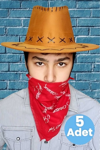 Uniquetrenders Çocuk Unisex Bandanalı 5'li Nubuk Kovboy Şapkası 8-14 Yaş Taba 5