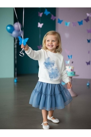 Zekids Kız Çocuk Pamuklu Mavi Çiçekli Sweatshirt-16554 Beyaz