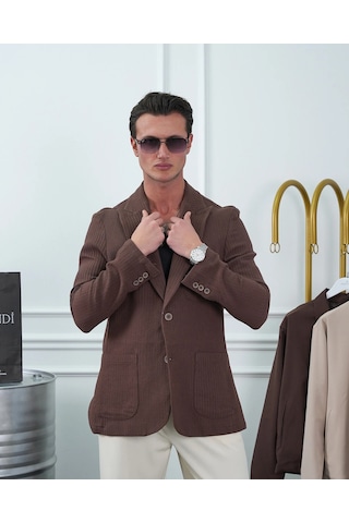 Modefendi %100 Pamuk Keten Modern Fit Keten Ceket Kahverengi