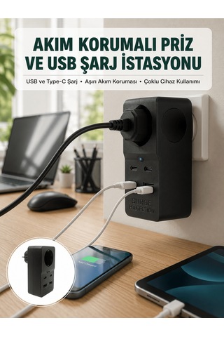Isıya Dayanıklı Pc Gövdeli Akım Korumalı Priz 4 Usb Yeni Nesil 100 CM