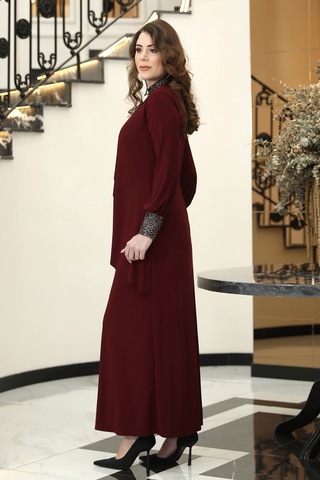 Sim Detaylı Efsane Tesettür Abiye Elbise Bordo