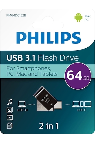 Flash Bellek 64 Gb Mini Usb Ve Type-c 3.1 Philips Gece Siyahı