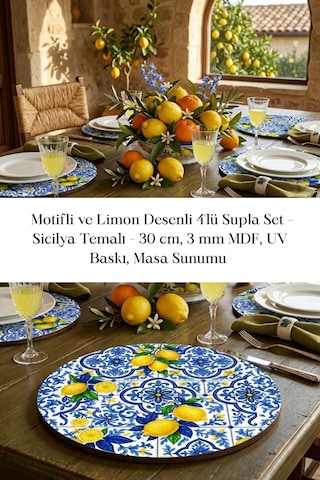 Motifli Ve Limon Desenli 4lü Supla Set 30 Cm Mdf Uv Baskı Çok Renkli
