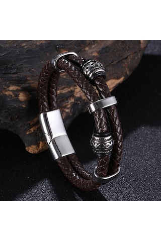 Viking Tarzı İskandinav Runeleri Muska Çift Katmanlı Paslanmaz Çelik Erkek Deri Bileklik İskandinav Mitolojisi Takıları Bb1355 Kahverengi
