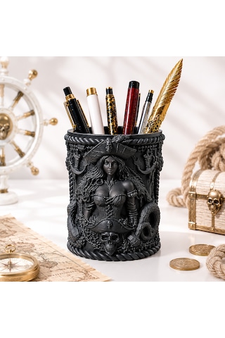 Özel Tasarım Korsan Temalı Dekoratif Kalemlik 8x10 Masaüstü Organizer Premium Kalem Tutucu Siyah
