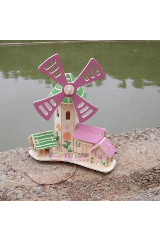 3D Puzzle Maket 54 Parça Ahşap Pembe Yel Değirmeni