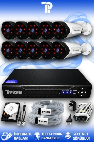 Picam 10 Kameralı Uzay 10 Dış Kamera Set 1 TB HDD Full HD Gece Görüşlü Güvenlik Kamerası Sistemi