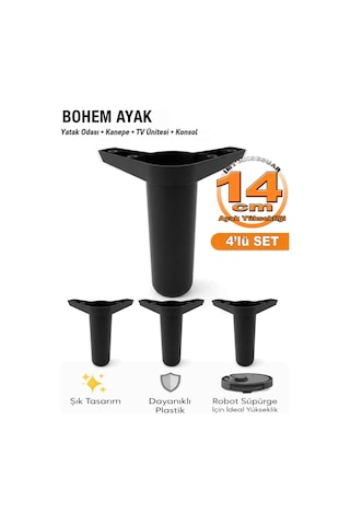 İmt Aksesua Bohem 14 Cm Siyah 4 Adet Mobilya Ayağı Robot Süpürgeye Uyumlu Koltuk Dolap Tv Ünitesi Konsol Ayağı Siyah