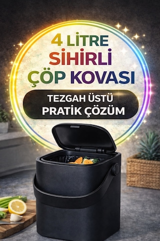 Siyah Akıllı Kapaklı Tezgah Üstü Çöp Kovası İç Kovalı Tutma Saplı Pratik Mutfak Çöp Kutusu 4 Litre Diğer